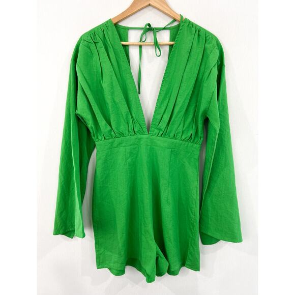 NEW MissPap Plunge Front Romper 6 Green Tie Back Playsuit Linen Look Glam - Picture 3 of 11